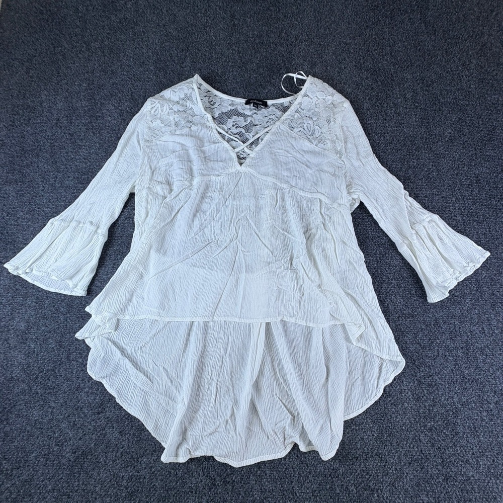 Ambiance Womens 3XL White Boho Lace Bell Sleeve High‎ Low Blouse Top 3XL